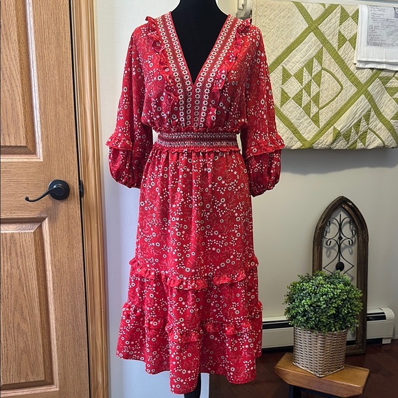 Max Studio Red Sundress with Ruffled Tiered Skirt and 3/4 Bishop Sleeves size S - Picture 3 of 12